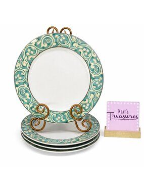 Misono PAVILLION 4856 Green Rim Tan Scroll Ceramic Oven Safe Dinner Plates Set 4